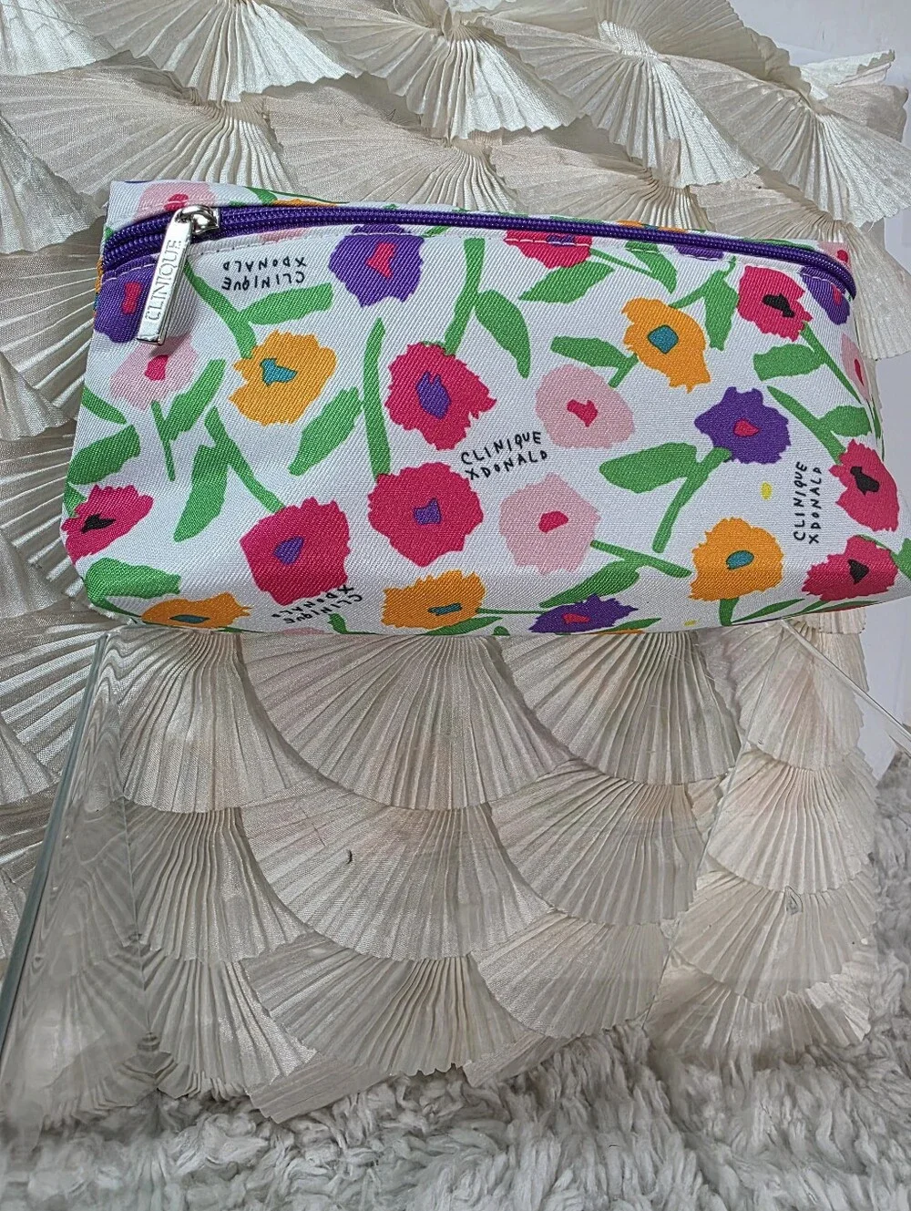 Clinique Floral Cosmetic Bag in White with Pink, Purple & Orange Blooms